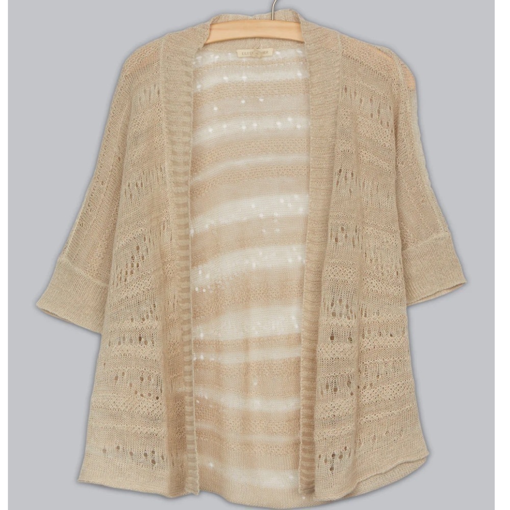 EILEEN FISHER Linen Cardigan Open Knit Textured Open Front Beige Women's Size L